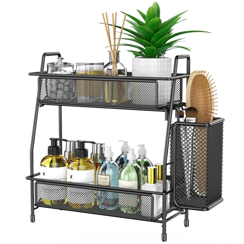 Bathroom Organizer with Basket, 2-Tier Bathroom Tray for Countertop Storage Shelf, Bathroom Counter Organizer, Vanity Organizer and Storage Kitchen Counter Organizers Spice Rack - color: Black