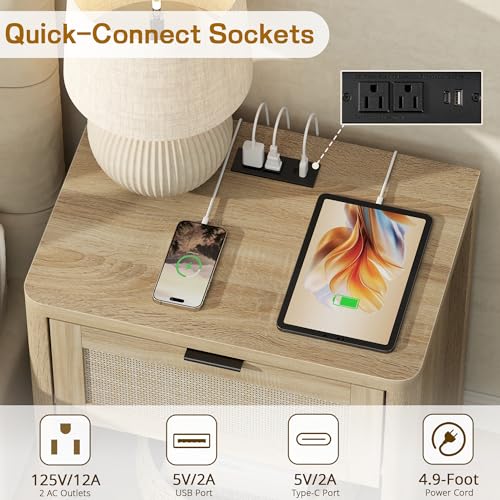 Boho Nightstand with Charging Station, Large Bedside Table with Drawer & Open Storage Shelf, Mid-Century Modern End Table Rattan-Look Drawer, Accent Side Table with Rounded Corners for Bedroom - size: 23.6"D x 22"W x 15.74"H(1-Drawer)