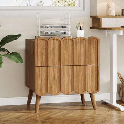 Modern Set of 2 Fluted Nightstand for Bedroom, Walnut Wood Bedside Table | Wood End Side Table with Arch Curved Design, Night Stand with 2 Drawer - color: Brown, size: 2 Pack