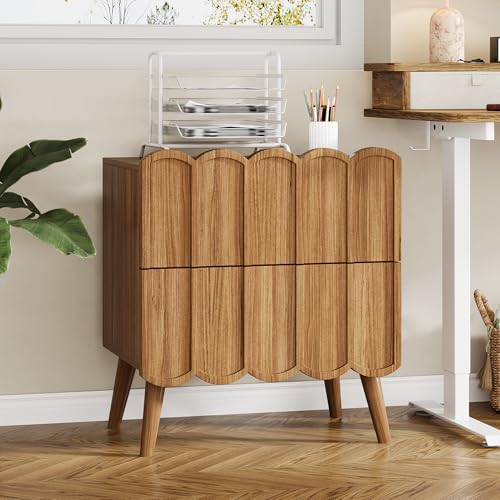 Modern Fluted Nightstand for Bedroom, Walnut Wood Bedside Table | Wood End Side Table with Arch Curved Design, Night Stand with 2 Drawer - color: Brown, size: 1 Pack