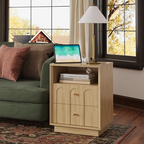 FORTUNETEC Nightstand with Charging Station, Mid Century Modern Nightstand with Arched Design, Boho End Table with Wood Grain Texture, Bedside Table for Bedroom Living Room Sofa Office, Oak - color: Oak, style: set of 1