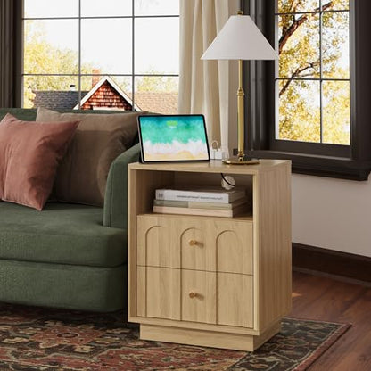 FORTUNETEC Nightstand with Charging Station, Mid Century Modern Nightstand with Arched Design, Boho End Table with Wood Grain Texture, Bedside Table for Bedroom Living Room Sofa Office, Oak - color: Oak, style: set of 1