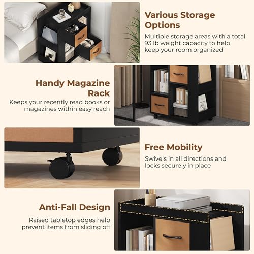 Yaheetech Narrow Side Table with Storage, Wooden Rolling Nightstand Bedside Table with Wheels, Magazine Racks and Open Shelves, End Table with Drawers for Living Room Bedroom, Black - color: Black