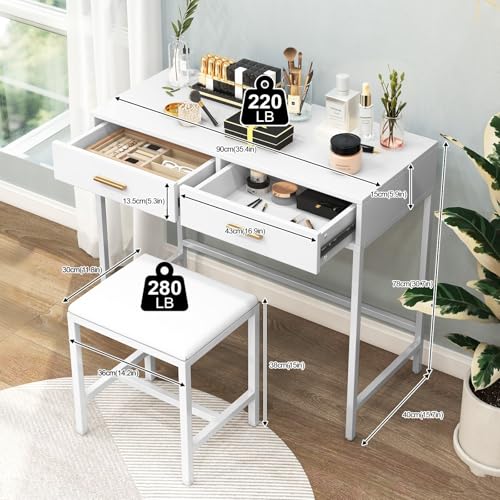 35.5" White Makeup Vanity Desk with Stool, Iron Frame Vanity Table with 2 Drawers, Rose Gold Handles, Solid Structure, No Mirror, Modern Writing Desk for Bedroom, 35.5" × 16" × 31"