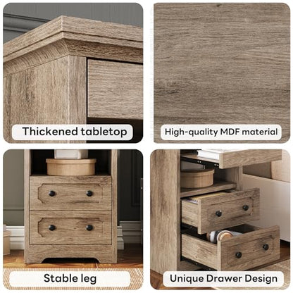 LIKIMIO Night Stand, Modern Bedside Table with 2 Drawers, Open Shelf, End Table with Pull-Out Tray, Wood SideTable, Grey Oak