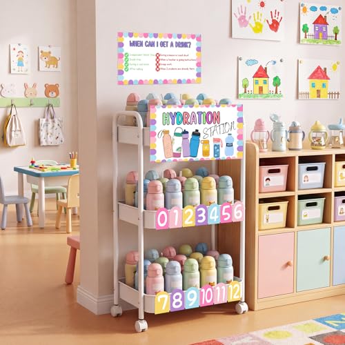 Sieral Hydration Station Classroom Storage Trolley 3-tier Plastic Rolling Water Bottles Storage Car with Handle Hydration Station Sign Stickers Set for Classroom Office Water Bottle Organizer Supplies - color: White