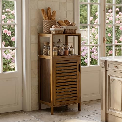 HITNET Bathroom Cabinet, Bamboo Floor Cabinet Free Standing, 4 Tier Sofa Side Storage Cupboard for Living Room Kitchen Entryway, Walnut - color: Walnut