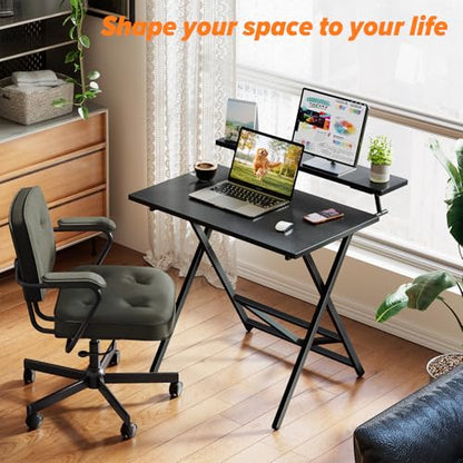 WOHOMO Folding Computer Desk with Adjustable Height, 23.6" x 31.5" x 25.6" Foldable Table with Monitor Stand, Small Office Desk for Bedroom, Space Saving Desk for Home Office, Easy Assemble, Black - color: Black