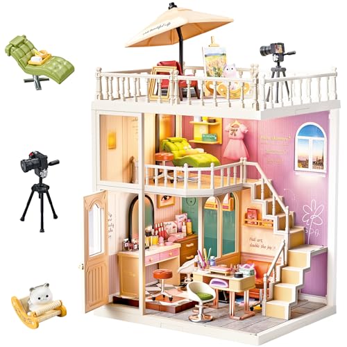 2-Story Loft Beauty Salon Kit, LED Light DIY Miniature House for Adults with Makeup Table Nail Station SPA Chair Balcony, Collectible Plastic Beauty Studio Model, Home Decor Gift for Women - color: Beauty Salon Loft, size: Large