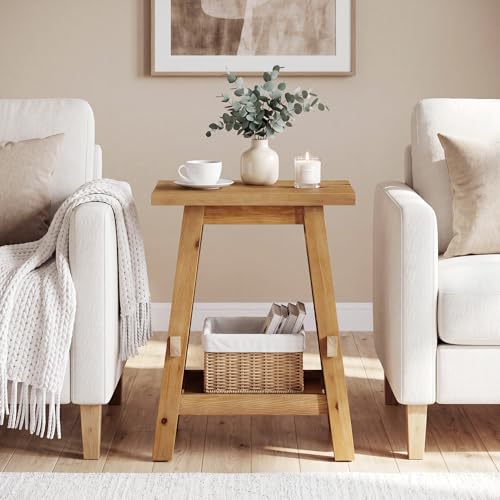 Solid Wood Square Side Table, 2 -Tier Farmhouse End Table, Nightstands with Shelf Storage for Living Room, Bedroom, Office and Small Spaces, Rustic Brown