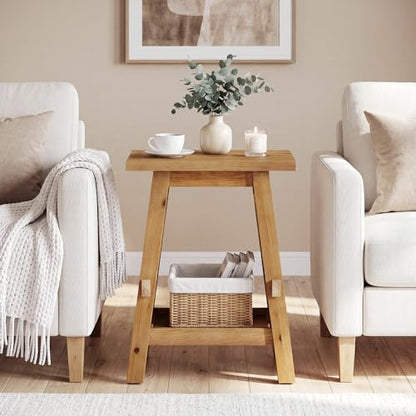 Solid Wood Square Side Table, 2 -Tier Farmhouse End Table, Nightstands with Shelf Storage for Living Room, Bedroom, Office and Small Spaces, Rustic Brown