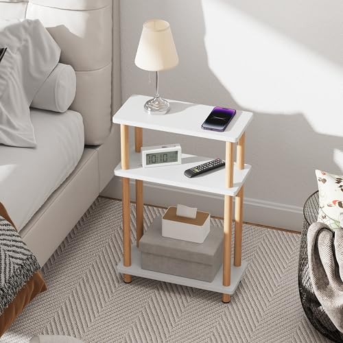 Apicizon 3 Tier End Table, Narrow Side Table with Storage Shelf, Bedroom, Living Room, Entryway, Farmhouse, White and Natural - color: White and Natural, style: Narrow Side Table