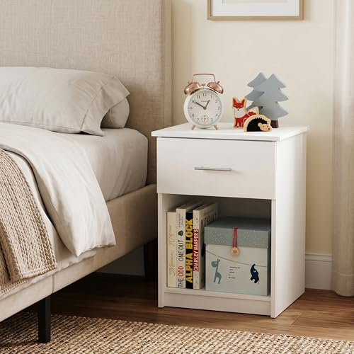 Nightstand with Drawer, Side Table with Storage Shelf, Bar Handle Drawer Bedside Table, End Table, Night Stand, for Living Room, Bedroom, Solid White - color: Solid White, size: Set of 1, Bar Handle