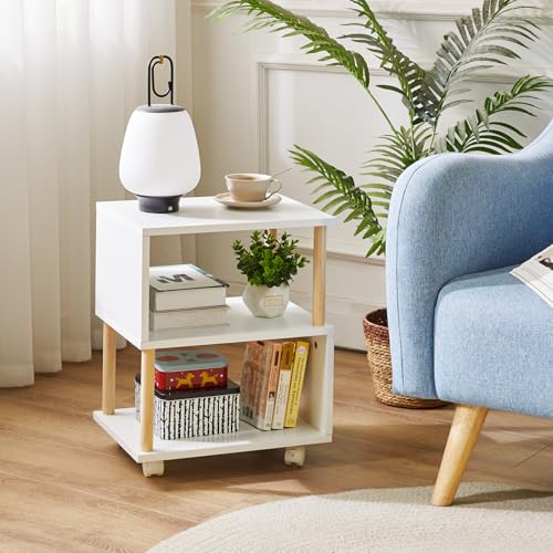 Aibiju Wooden Night Stand with Open Shelf, Nightstand with Wheels, S-Shaped Bed Side Table 3 Tier, 20 inch High End Table White YD-TM155W - color: White, size: 16"D x 12"W x 20"H (Wheels)