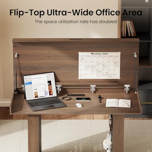 55" Convertible Computer Desk, 2-in-1 Flip-Top Desk & Dining Table with Hidden Storage, Built-in Power Strip, Pegboard, Soft-Close Gas Spring, Space-Saving for Small Apartment, Black Walnut - color: Black Walnut