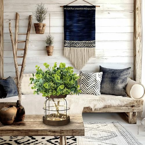 Farmhouse Rustic Glass Vases Primitive Country Lantern Coffee Dining Table Centerpiece Green Fake Artificial Eucalyptus Plants with Light Home Decor for Shelf Desk Counter Kitchen Bathroom - style: Rustic Decor
