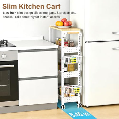 7.8 Inch Ultra-Slim 4-Tier Rolling Storage Cart with Adjustable Shelves - Lockable Wheels & Wooden Top for Narrow Spaces Between Washer/Dryer, Bathroom, Kitchen Organization (White) - color: White