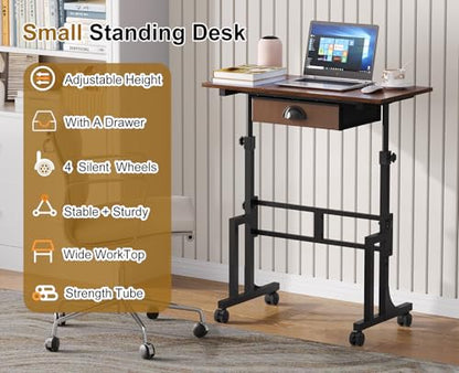 Adjustable Height Standing Desk With Drawer, Rolling Sit Stand Up Desk With Wheels, Small Sit To Stand Computer Desk, Adjustable Desktop Height, On Wheels, Brown, For Walking Pad Laptop Treadmill - color: Brown, size: With Drawer