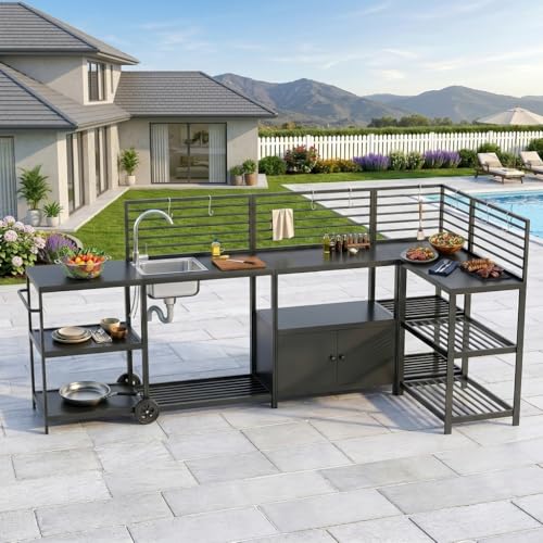 LEVELEVE Modular Outdoor Kitchen Island 5-Piece Set, Aluminum Outdoor Prep Station Grill Cart with Independent Sink, Storage Cabinets & Shelves for Backyard Patio Deck - size: 5-Pieces Set