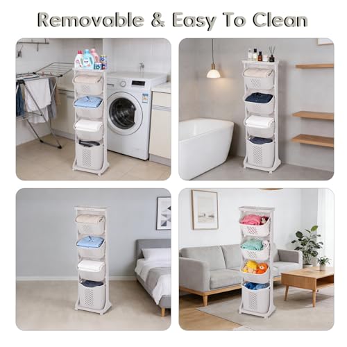 GCCSJ 4-Tier Rolling Laundry Hamper Sorter with Wheels, 95L Capacity & Removable Mesh Baskets, Foldable Storage Organizer Cart for Bedroom, Bathroom, Laundry Room (17.32"x13.1"x54.72")