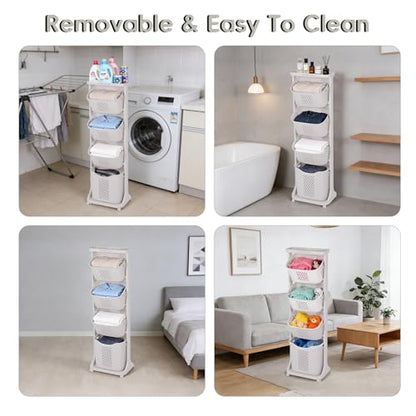 GCCSJ 4-Tier Rolling Laundry Hamper Sorter with Wheels, 95L Capacity & Removable Mesh Baskets, Foldable Storage Organizer Cart for Bedroom, Bathroom, Laundry Room (17.32"x13.1"x54.72")