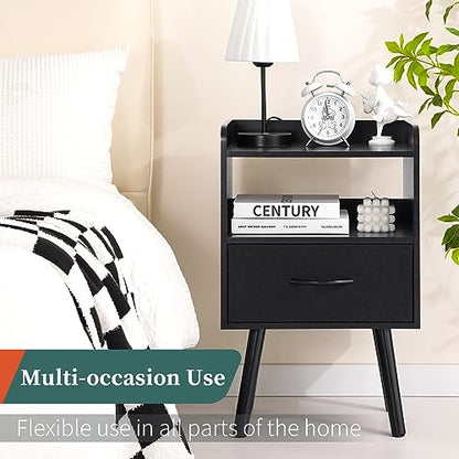Yoobure Night Stand with Fabric Drawer, Modern Nightstand, Bedside Tables, Mid Century Nightstands with Open Storage Shelf, Wood Bedside Table, Small Night Stands for Bedrooms, 2-Tier Night Table - color: Black