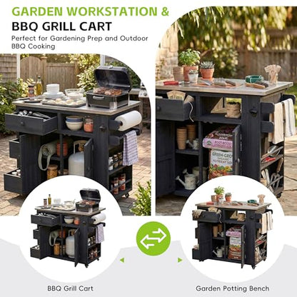 Outdoor Solid Wood Kitchen Island with Storage, 28" Extendable Stainless Steel Top Grill Cart, Rolling BBQ Prep Station with Drawers, Spice Rack, Towel Rack for Backyard, Patio, Camping - color: Black