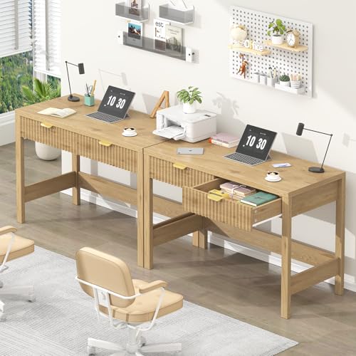 YOMILUVE Fluted Computer Desk with 2 Drawers, 39 Inch Small Computer Desk with Storage, Compact Writing Study Desk for Small Spaces - color: Oak