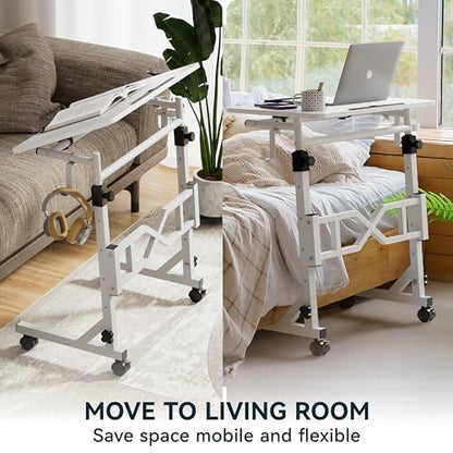 Oransail Small Standing Desk with Wheels, 29.5-45.3 Inch Adjustable Height, Portable Treadmill Desk, Rolling Computer Table for Walking Pad with a Cup Holder and a Hook - color: White