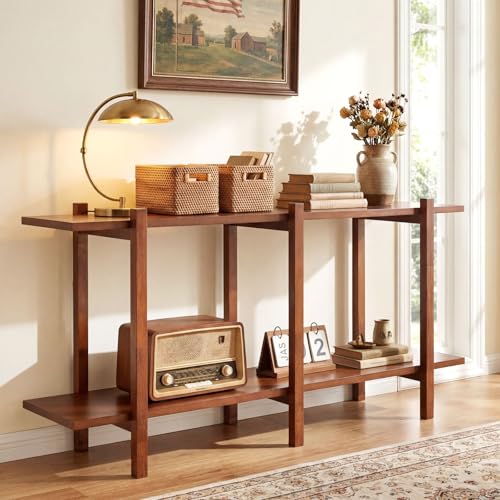 Giantex 2-Tier Wood Bookshelf, 48" Modern Console Table with Wide Storage Shelf, Horizontal Rubber Wood Bookcase, Open Display Racks Shelving Unit for Bedroom, Living Room, Office, Entryway