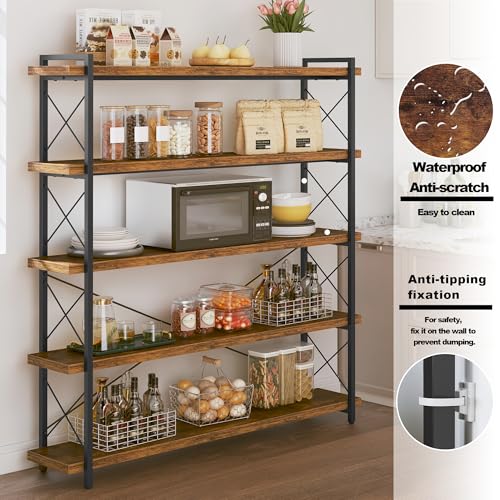HCHQHS Large Bookshelf, 5-Tier Long Industrial Bookcase, Rustic Brown Book Shelf, Freestanding Horizontal Bookshelves with Metal Frame - color: Rustic Brown, size: 5-Tier (56.7"W x 65.7"H)