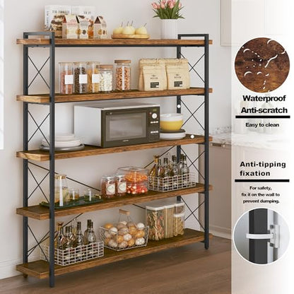 HCHQHS Large Bookshelf, 5-Tier Long Industrial Bookcase, Rustic Brown Book Shelf, Freestanding Horizontal Bookshelves with Metal Frame - color: Rustic Brown, size: 5-Tier (56.7"W x 65.7"H)