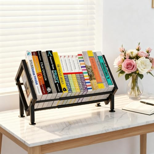 Expandable Desktop Bookshelf Organizer, Metal Office Tabletop Book Storage Rack, Large Tilting Bookcase for Books/CDs/Magazine Display, Desk Shelf for Top of Desk in Living Room, Home, Office (Black)