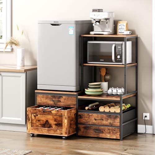 Herture Mini Fridge Stand with Wine Rack, Kitchen Bakers Rack with Power Outlet, Microwave Oven Stand, Coffee Bar, Movable Drawers, for Dorm,Office, Brown HB04BXN - color: Rustic Brown