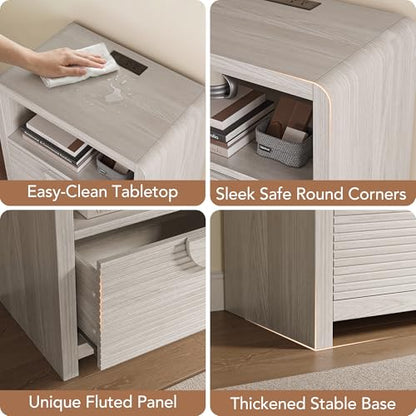 Fluted Nightstands Set of 2 with Charging Station, 23" Wide Wood Bedside Tables with Drawer and Open Compartment, Mid Century End Tables for Bedroom, Home Office, Gray Oak - color: Gray Oak, size: 2 pcs