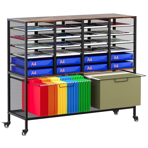 EasyPAG Rolling File Cart with 24 Slot Mail Organizer, Under Desk Storage with Hanging File Rack for Letter/Legal Folders, Mobile Filing Cabinet Printer Stand for Office Home Classroom, Black - size: 24 Slots+2 Hanging Rack