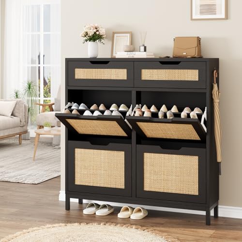 Jocoevol Rattan Shoe Cabinet for Entryway, Boho Shoe Storage Cabinet with 4 Flip Drawers and 2 Drawers, Narrow Freestanding Shoe Rack with Metal Legs for Entryway/Hallway/Foyer (Black) - color: Black