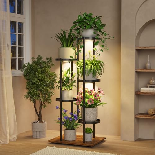 iDavosic.ly 5 Tier Plant Stand Indoor with Grow Lights, Tiered Corner Multiple Flower Pot Holder Shelf, Metal Tall Display Rack for Porch Living Room Balcony Bedroom, Modern Black & Rustic Brown - color: Modern Black with Light, size: 5 Tier