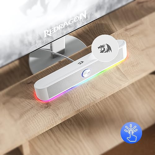Redragon GS560 RGB Desktop Soundbar, 2.0 Channel Computer Speaker with Dynamic Lighting Bar Audio-Light Sync/Display, Touch-Control Backlit with Volume Knob, USB Powered w/ 3.5mm Cable, White - color: White