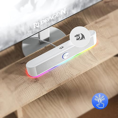 Redragon GS560 RGB Desktop Soundbar, 2.0 Channel Computer Speaker with Dynamic Lighting Bar Audio-Light Sync/Display, Touch-Control Backlit with Volume Knob, USB Powered w/ 3.5mm Cable, White - color: White