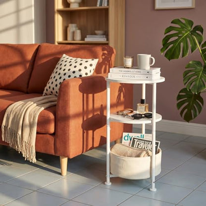 Small Round Side Table with Storage Basket, 3-Tier Narrow End Table Nightstand for Living Room Bedroom, 11.8" Diameter Modern Bedside Table for Small Spaces, Wood Grain & Metal Frame (White) - color: White
