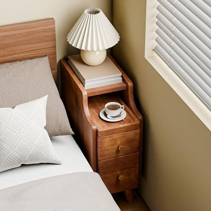 Nightstand with Drawers Set 2, Pre-Assembled, 19.7" H Natural Solid Wood Night Stand with Open Sliding Shelf, Mid Century Modern Small Bedside Table Cabinet for Bedroom, Walnut 8" - color: Walnut-2pack, size: 8"