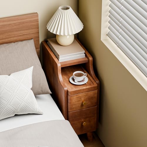 Nightstand, Pre-Assembled, 19.7“H Solid Wood Night Stand with 2 Drawers, Open Sliding Shelf, Mid Century Modern Small Bedside Table for Bedroom, Walnut 8" - color: Walnut, size: 8"
