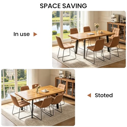 Extendable Dining Table Set for 4 to 8 People, 47.2" to 63" Modern Kitchen Table Set with 6 Chairs, MDF Dining Room Table and Chairs with Removable Extension Leaf (Walnut Table+U-Shaped Brown Chairs) - color: 47.2'' - 63'' Walnut Table+6 U Brown Chairs