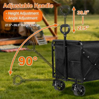 Wagons Carts Foldable, 500 lb 220L Collapsible Wagon with Brakes | Heavy folding wagon for groceries, camping, beach, outdoor hauling; large storage, brake control and compact folding design - color: Charcoal