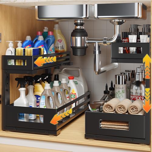 2-Pack 17"Deep Under Sink Organizer And Storage, 2-Tier L-Shaped Pull Out Cabinet Organizer with Upgraded Slide Rails, Height Adjustable Drawers for Kitchen&Bathroom, Extra-Large Storage Shelves–Black - color: Black, size: 2 Pack-17"Dx11.4"-16.34"H
