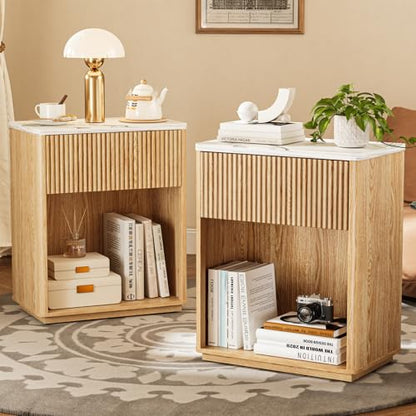 Modern Fluted Nightstand Set of 2 for Bedroom, Mid Century Bedside Table Set with Marble Top & Drawer, Wood End Table, 2 Farmhouse Night Stands for Guest Room, Hallway, Oak - color: Oak