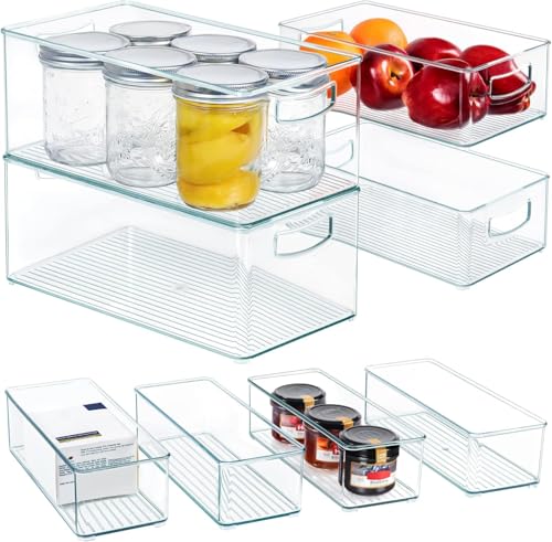 Hudgan 8 PACK Stackable Pantry Organizer Bins (3 Size) - Clear Fridge Organizer for Kitchen, Freezer, Refrigerator, Cabinet - Plastic Storage Container with Handle for Home - size: 2 XL + 2 L + 4 S