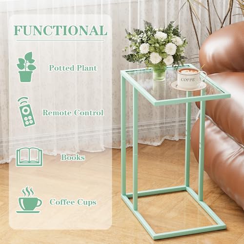 Easy Paws C Shaped Table,Glass Side End Table for Sofa,Tempered Glass Snack Couch Dinner Tv Tray Table with Metal Frame,Small Bedside Nightstand Table for Small Space(Green) - color: Green