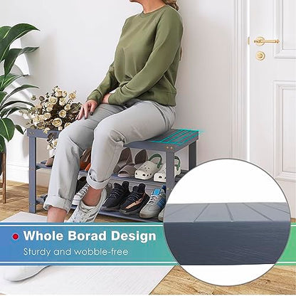SMIBUY Bamboo Shoe Rack Bench, 3-Tier Shoe Organizer Storage Shelf for Entryway Hallway Bathroom Living Room (Grey) - color: Grey